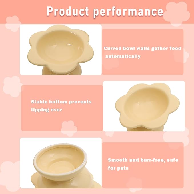 2 Pcs Ceramic Raised Cat Bowls - Flower Design, 7 oz Tilted Elevated Cat Food & Water Bowl for Anti Vomiting & Spine Protection