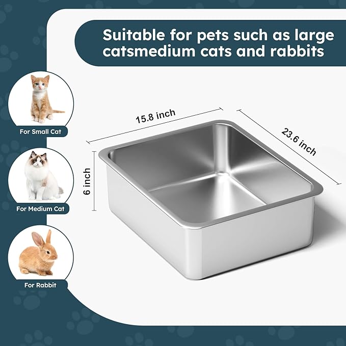 Stainless Steel Cat Litter Box - Large Metal High-Sided Litter Pan for Cats, Rabbits, and Pets, Non-Stick, Odor-Free, Easy to Clean, Splash-Proof, Sturdy and Durable Indoor Cat Toilet Supplies