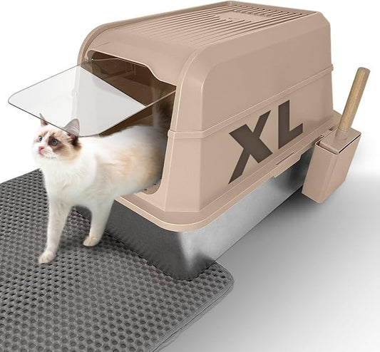 Stainless Steel Litter Box with Lid - Extra Large Cat Litter Boxes for Big Cats with Mat & Scoop - Anti-Leakage, Odor-Proof, High-Sided, Non-Stick＆ Easy to Clean - Ideal for Multi-Cat Homes - Khaki