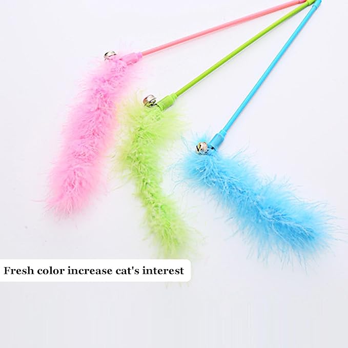 IUHKBH Cat Wand Toys, 3 PCS Interactive Feather Wands Colorful Cat Teaser Wand with Bell for Cats and Kitties