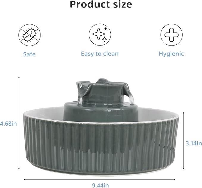 Ceramic Cat Water Fountain, 2.1L/71oz Cupcake Pet Water Fountain for Cats and Dogs, Ultra-Quiet Pump Pet Fountain with Replacement Filter and Foam (Dark Grey)