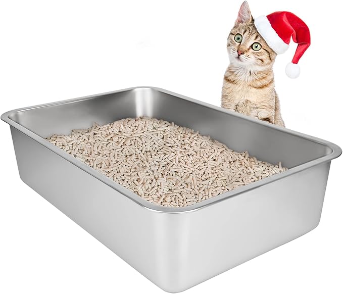 IKITCHEN Stainless Steel Cat Litter Box, Large Metal Litter Box for Cats, Never Absorbs Odors,Stain Free, Rustproof, Non Stick Smooth Surface, Anti-Slip Rubber Bottom, 19.5" L x 13.5" W x 6" H