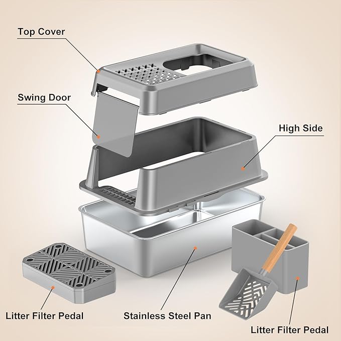 URPOWER Stainless Steel Cat Litter Box with Lid Extra Large Enclosed Litter Box for Cats Non-Sticky Metal Pan with High Sided Enclosure & Scoop, Front & Top Entry, Anti-Leakage, Easy Cleaning