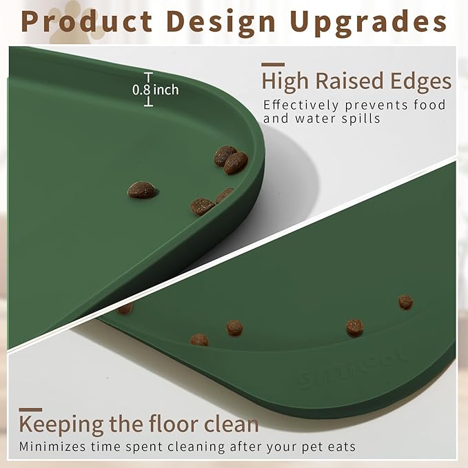 Silicone Pet Feeding Mat with Raised Edge & Residue Collection Pocket for Food and Water, Dog Bowl Mats, Cat Bowls Placemat with High Lip for Floor Waterproof, 22 x 14 x 0.8 Dark Olive