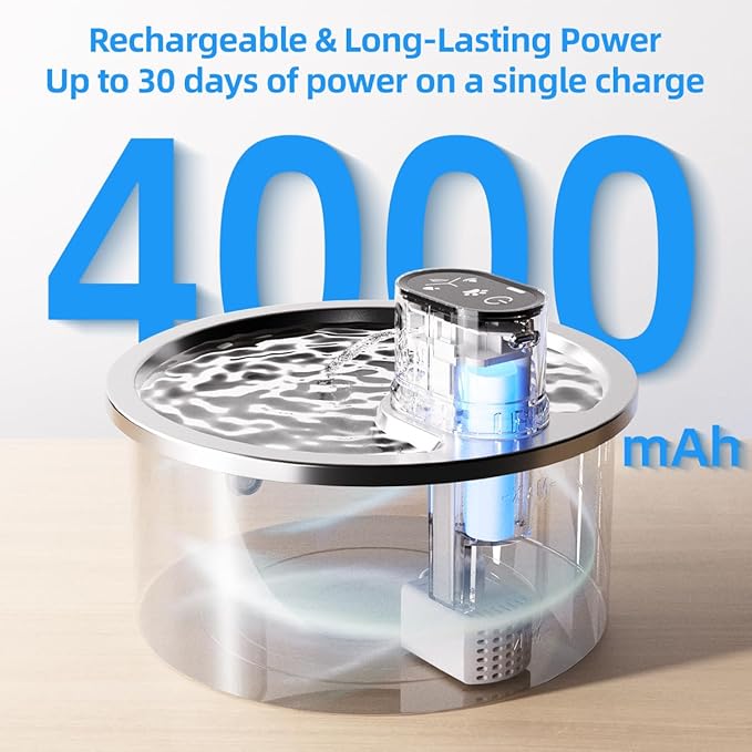 Wireless Cat Water Fountain Stainless Steel Automatic Pet Water Dispenser 4000mAh Battery Operated 3.2L/108oz Large Capacity Water Fountains for Cats Dogs