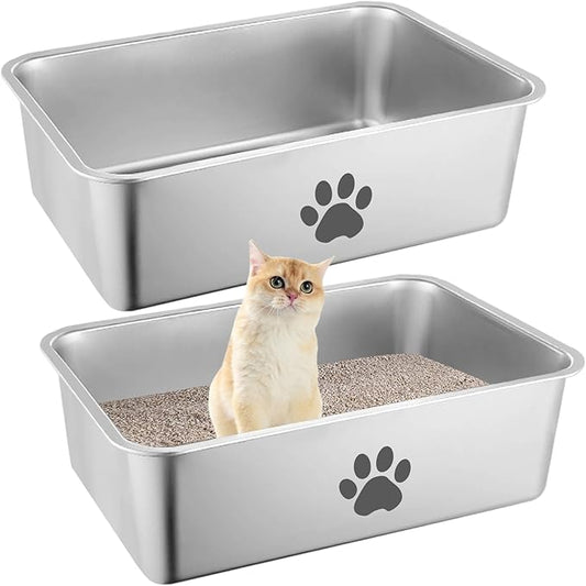 2PCS Stainless Steel Cat Litter Box,Metal Kitten Litter Pan, 6inch High Side Cats Toilet Indoor Litter Tray Pet Toilet Supplies for Cats, Kitty,Rabbits, Easy Clean, Non Stick Litter Box, No Smell