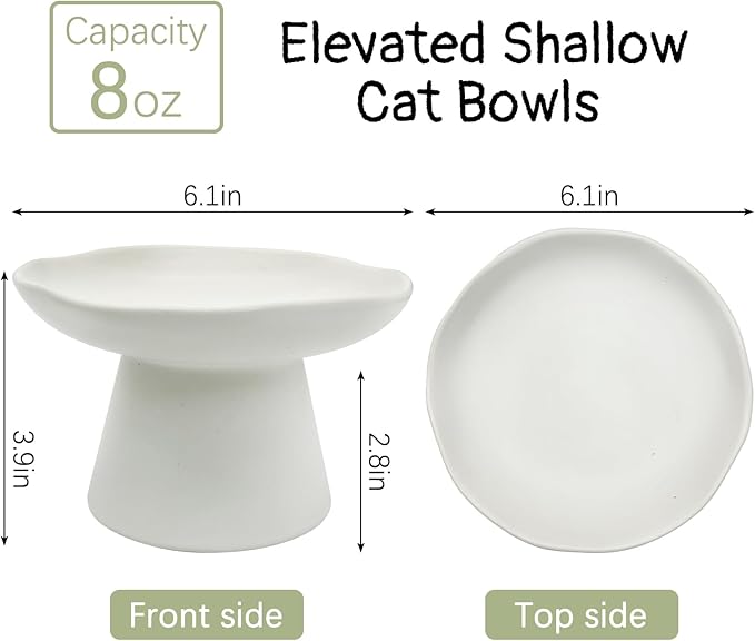 VCEPJH Raised Cat Food Bowls Shallow Cat Plate Ceramic Elevated Cats Dish 6.1in Flat Anti Whisker Fatigue Wide Pet Food & Water Feeder for Indoor Kitty Kitten (White)