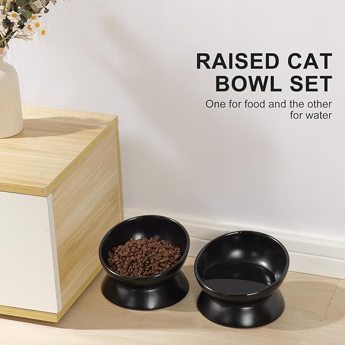 YauYik Cat Bowls Anti Vomiting, Raised Cat Food Bowls, Tilted Elevated Cat Bowl, 10 Oz Ceramic Pet Food Bowl for Flat Faced & Short Leg Cats, Small Dogs, Dishwasher Safe (Black, 2 Pack)