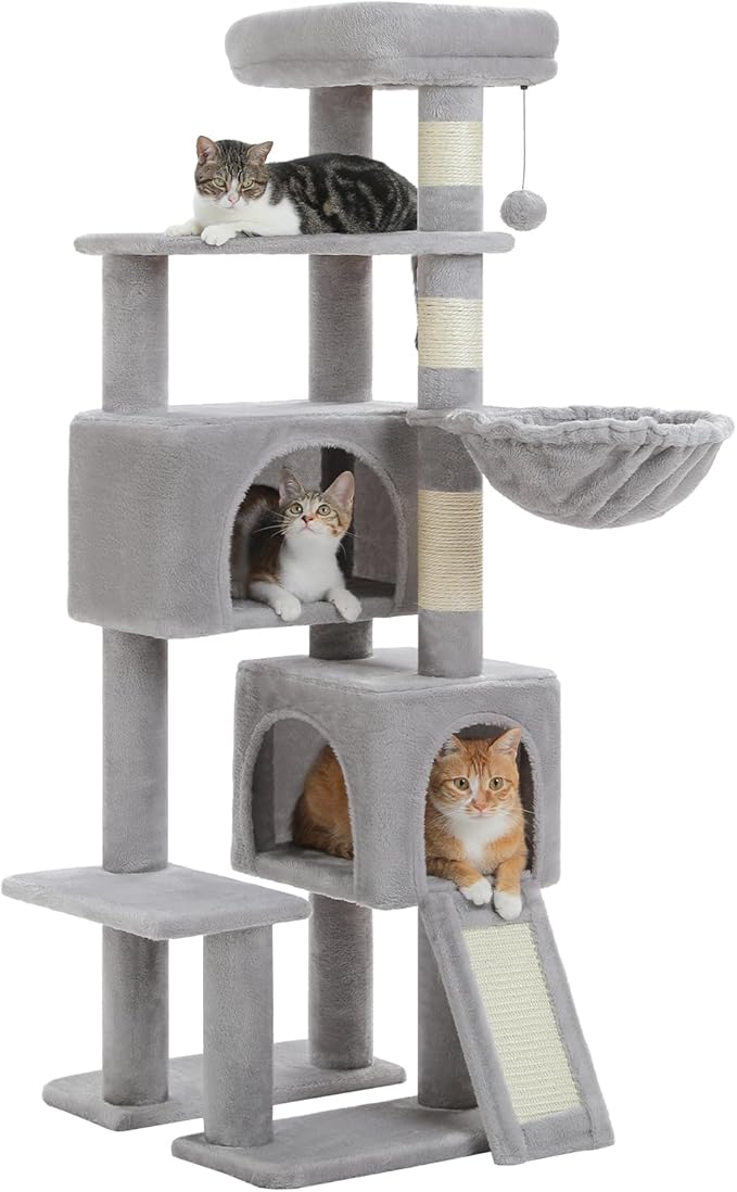 PAWZ Road Cat Tree, 51.6 Inches Cat Tower with Dual Condos, Spacious Perch, Cozy Basket and Sisal-Covered Scratching Posts for Small Cats and Kittens- Gray