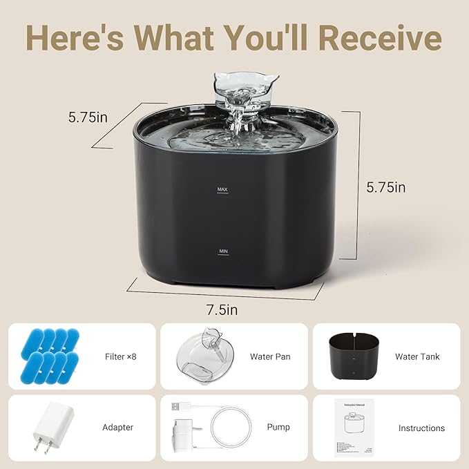 Meill Cat Water Fountain, 75Oz/2.2L Dog Water Bowl Dispenser with Filter Indoor for Small Pets, Automatic Shut-Off for Low Water Level, Water Level Visible, Ultra-Silent, 8 Filters, Black