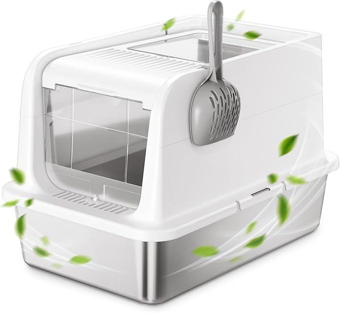 COURPAL® Stainless Steel Cat Litter Box with Lid - XL Large Enclosed/Open Litter Box with Anti Leakage Enclosure - Odor Free Hooded Litter Tray - Metal Covered Litter Pan Non-Stick Easy to Clean