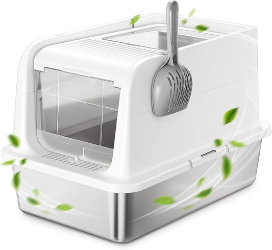 COURPAL® Stainless Steel Cat Litter Box with Lid - XL Large Enclosed/Open Litter Box with Anti Leakage Enclosure - Odor Free Hooded Litter Tray - Metal Covered Litter Pan Non-Stick Easy to Clean