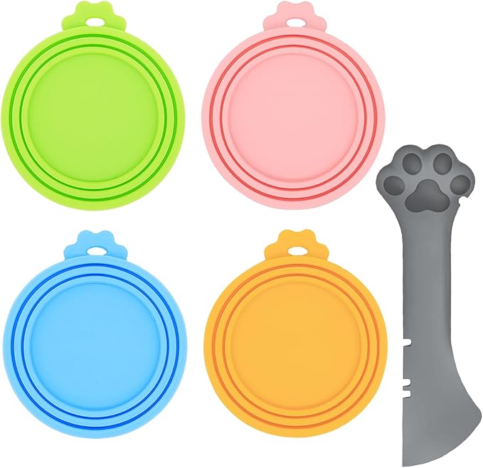 Food Can Spoon & Lids, One Multi-Functional Opener Spatula, 4 PCS BPA Free Silicone Universal Can Covers, Cute Paw Shape Spoon for Cat Dog Wet Food (Grey)