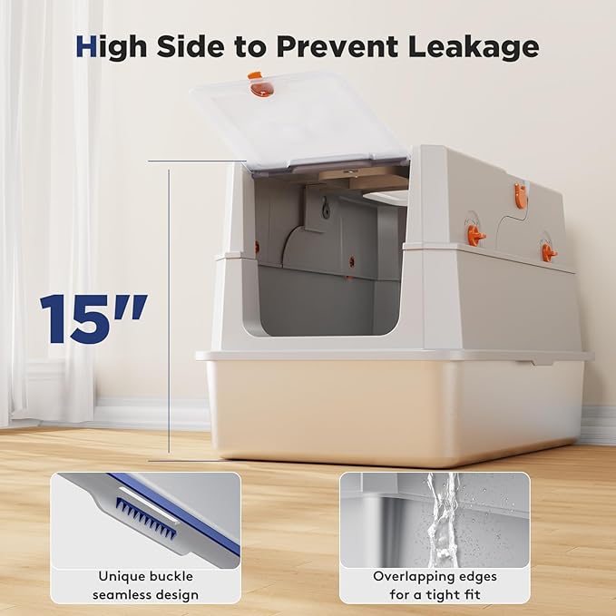 FURTIME Stainless Steel Litter Box with Lid, XL Extra Large Enclosed Cat Litter Box for Big Cats, Metal Cat Box with High Sided Enclosure & Scoop, Front & Top Entry, Odor Free, Anti-Leakage, Silver