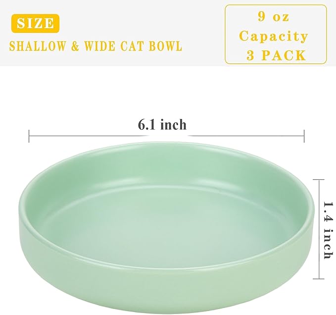 Ceramic Cat Bowls,Shallow Cat Dishes for Food and Water, 6 inch Matte Finish Wide Cats Food Bowl,Whisker Fatigue Free Pet Puppy Kitten Bowl Set of 3,Dishwasher Safe