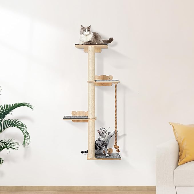 VEVOR 4 Tiers Tall Cat Wall Furniture Set with 4 Jumping Boards, Wall-Mounted Cat Floating Shelf up to 40 lbs, 12 mm Pine Wood Perch for Sleeping, Playing, and Climbing
