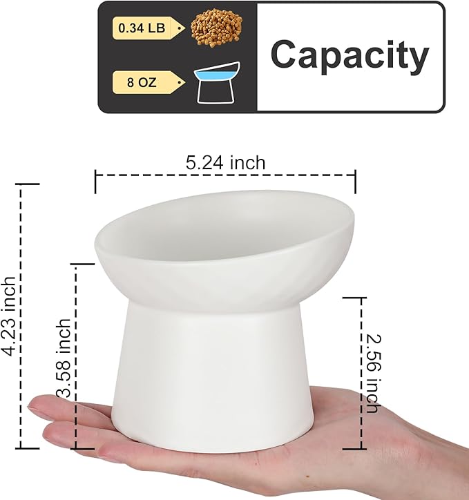 YauYik Small Raised Cat Bowls, Ceramic Tilted Elevated Food or Water Bowls, Stress Free, Backflow Prevention, Dishwasher & Microwave Safe, Lead & Cadmium Free, White