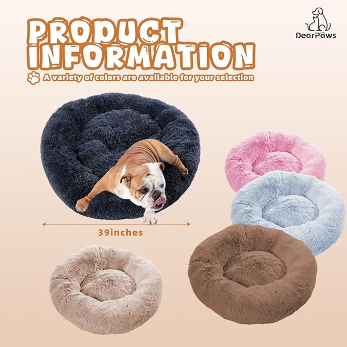 Comfy Dog Bed Large Size Dog - Donut Washable Large Pet Bed, 39 inches Anti-Slip Round Fluffy Plush Faux Fur Cat Bed, Fits up to 120 lbs Pets (Dark Grey)
