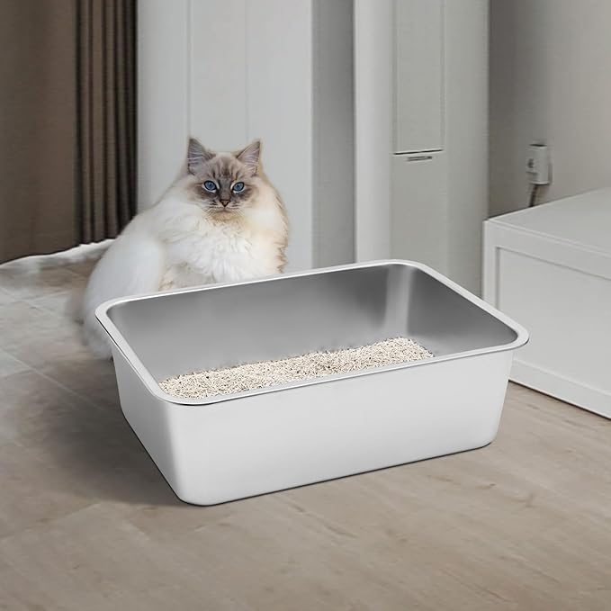 GOLDENKEY Extra Large Stainless Steel Cat Litter Box with High Sides,XL Metal Litter Box for Big Cat,Non Stick Smooth Surface,Easy to Clean,Deep & Durable(23.43" L x 15.55" W x 7.87" H)