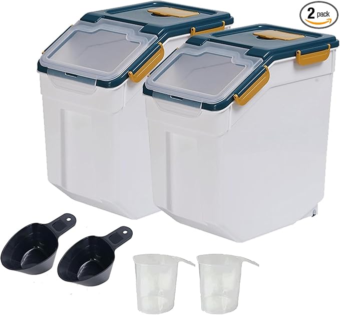 AnRui Airtight Flour Storage Container 25lb, Plastic Grain Storage Bucket, Rice Cereal Dispenser Organizer Box with Lid, Cat Dog Food Storage Bin with Measuring Cup, Scoop, Wheels, 2Pcs Blue