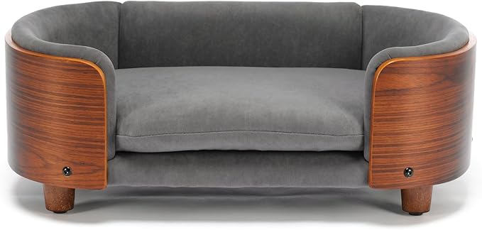HomSof 26.38" Scandinavian Style Elevated Dog Cat Bed Pet Sofa with Solid Wood Legs and Bent Wood Back with Velvet Cushion,Small Size，Grey+Brown