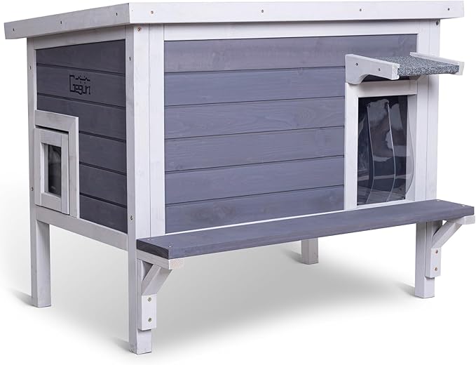 GEGURI Insulated Cat House Outdoor Weatherproof, Feral Cat Shelter for Winter, Large Wooden Enclosure