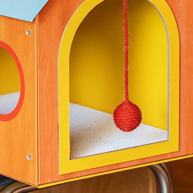 Blue Roof Cat House, Indoor Cardboard Cat Bed with Windows and Hanging Toy Ball, Cozy Cat Condo Hideaway for Kittens and Small Cats