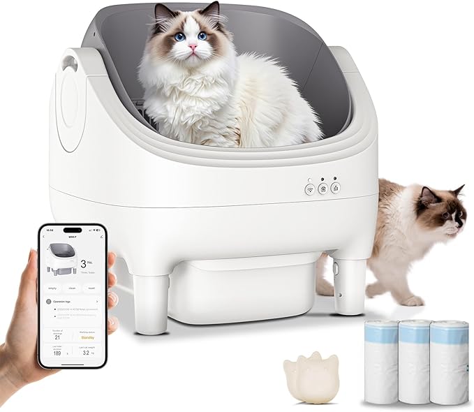 Himix Self Cleaning Litter Box, Large Open-top Automatic Cat Litter Box for Multiple Cats with APP Control, Safety Sensor and Odor Control, Includes 60 Pcs Trash Bags