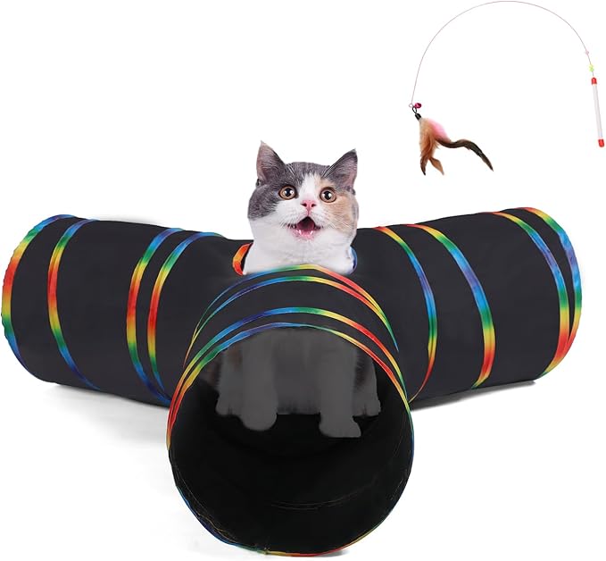 LUCKITTY Cat Tunnels Tube Toy with Plush Ball & Cat Wand Feather Toys-Portable Tattaff Waterproof Washable-Interesting Geometric Pattern Collapsible-3 Way Black Rainbow