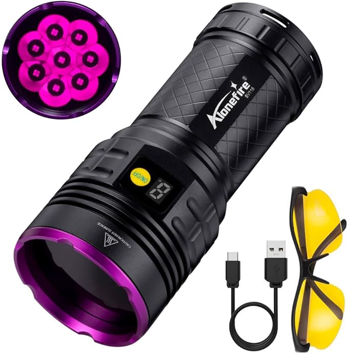 ALONEFIRE SV118 365nm UV Flashlight 80W Powerful Blacklight Digital Display USB C Rechargeable Black Light for Pet Urine Detector, Scorpion, Resin, Bed Bug, Fishing with UV Protective Glasses, Battery