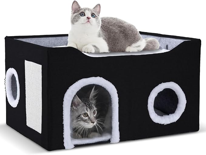 Cat House for Indoor Cats – Foldable Cat Cave & Covered Cat Bed, Cozy Hideaway for Small Pets and Large Cats (23.6"x16"x12.8"),Black