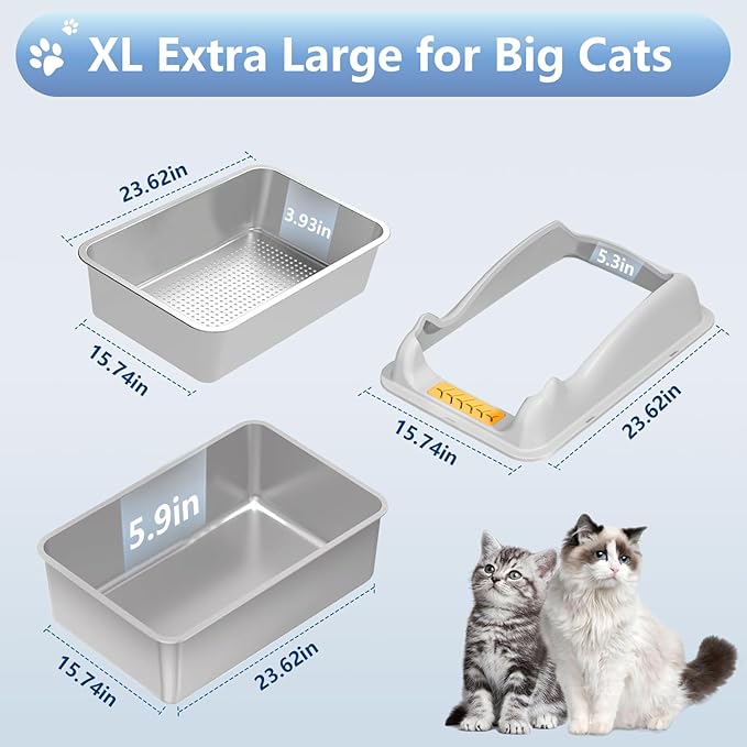 Stainless Steel Sifting Cat Litter Box with Lid,XL Metal Sifting Litter Box for Pine Pellets,High Sides Metal Litter Box System for Big Cats,Anti-Leakage,Easy Clean