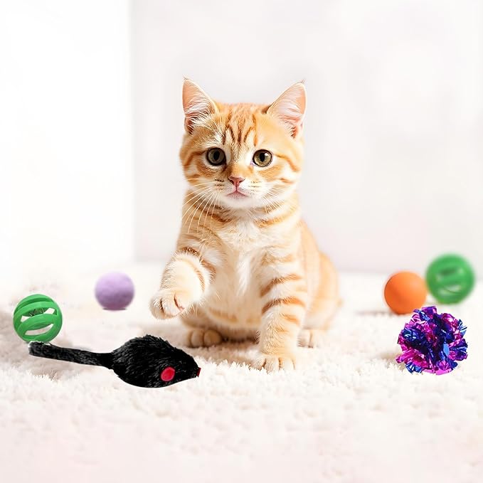 AGYM Cat Toys for Indoor Cats, 35 Packs Interactive Cat Toys Set with Colorful Springs, Mouse Cat Toy, Crinkle, Sisal, Pompom and Color Bells Balls for Kittens