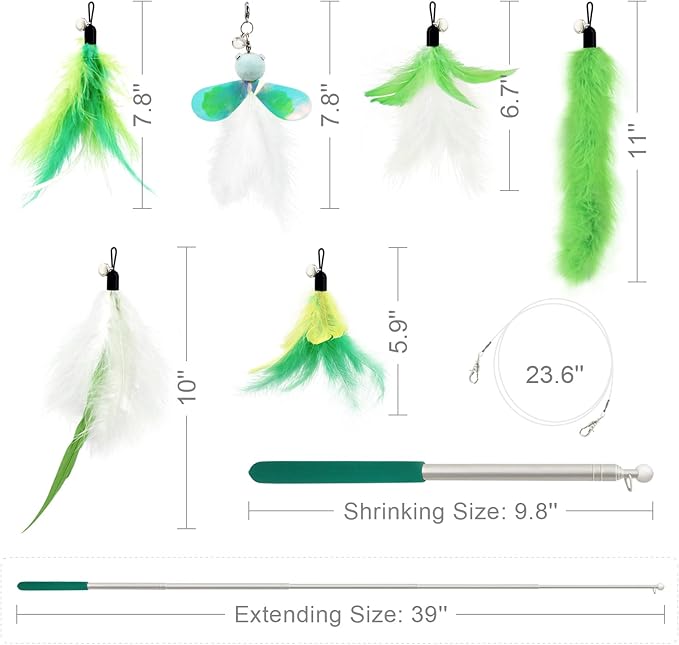 SONGWAY Cat Feather Wand - 7 Pcs Interactive Toys for Indoor Kitten, Retractable Wand With 6 Teaser Refills and Bell, Fishing Pole Toy, Green