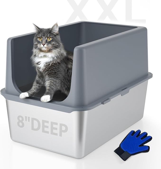 LIHONG Stainless Steel Litter Box with Lid, XL Metal Cat Box for Indoor Cats, Enclosure Cat Litter Pan for Large Cats, Non-Sticky Large Kitty Litter Box, Anti-Leakage, 23.5" X 15.5" X 16"