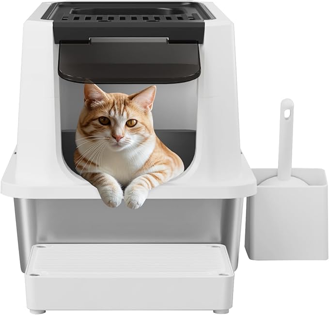 RIZZARI Stainless Steel Cat Litter Box, Odorless Enclosed Litter Box with Top Holes, Large Litter Pan for Small to Large Sized Cats (Black, 23.8" L*15.9" W*16.1" H)