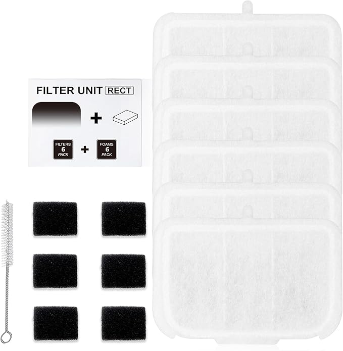 6 PCS Upgraded Filter Unit Rect Pet Cat Kit Water Fountain Filters Fit For E versweet MAX 105 fl oz/3L Automatic Pet Fountain, Include Replacement Filters and Replaced Foam Pump Filter