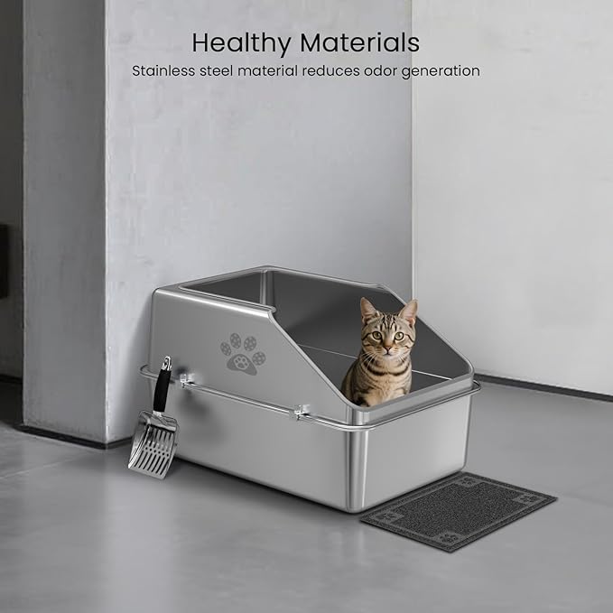 KPWACD Enclosed Stainless Steel Cat Litter Box with Lid, XL Extra Large Non-Stick Metal Litter Pan for Big Cats, High-Sided Kitten Toilet Enclosure, Non-Stick, Anti-Leakage, Easy Cleaning
