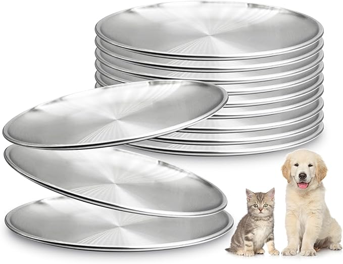 Fhiny 12 PCS Stainless Steel Cat Dish Set, 5.5", Wide Whisker Friendly Cat Bowls Shallow Kitten Feeding Plate Replacement Basic Small Pet Bowl Metal Flat Cat Dish for Stray Cats Dogs (5.5" Dia)