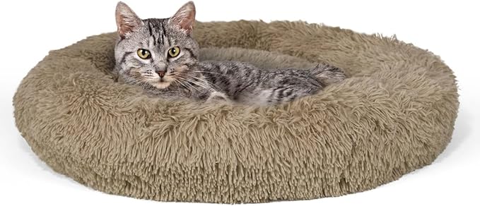 CAPHAUS 24/30 Inch Calming Donut Pet Bed for Small/Medium Cats and Dogs, Anti-Slip Bottom, Washable, Anti-Anxiety Fluffy Round Cat Bed, Indoor Shaggy Cuddler Cotton Candy Brown, Light Gray, Pink Bed