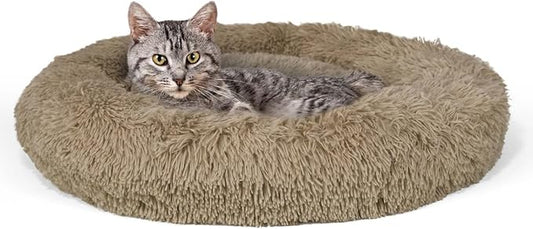 CAPHAUS 24/30 Inch Calming Donut Pet Bed for Small/Medium Cats and Dogs, Anti-Slip Bottom, Washable, Anti-Anxiety Fluffy Round Cat Bed, Indoor Shaggy Cuddler Cotton Candy Brown, Light Gray, Pink Bed