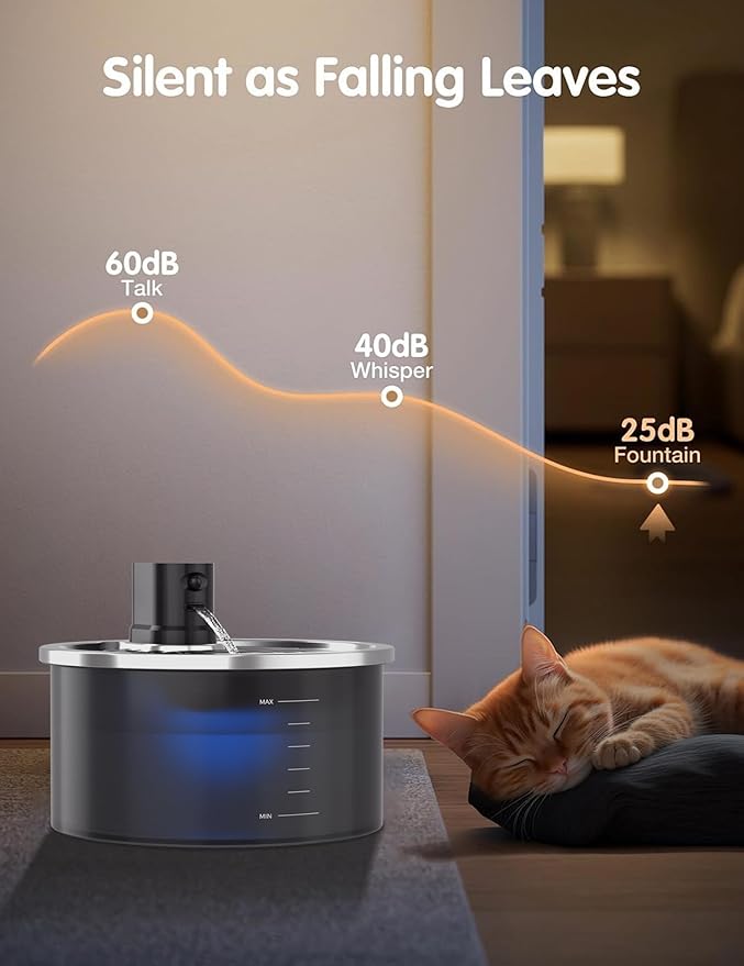 Stainless Steel Wireless Cat Water Fountain 3.2L/108oz Automatic Cat Water Dispenser 4000mAh Battery Operated Large Capacity Pet Water Fountains for Cats Dogs (Black Classic)