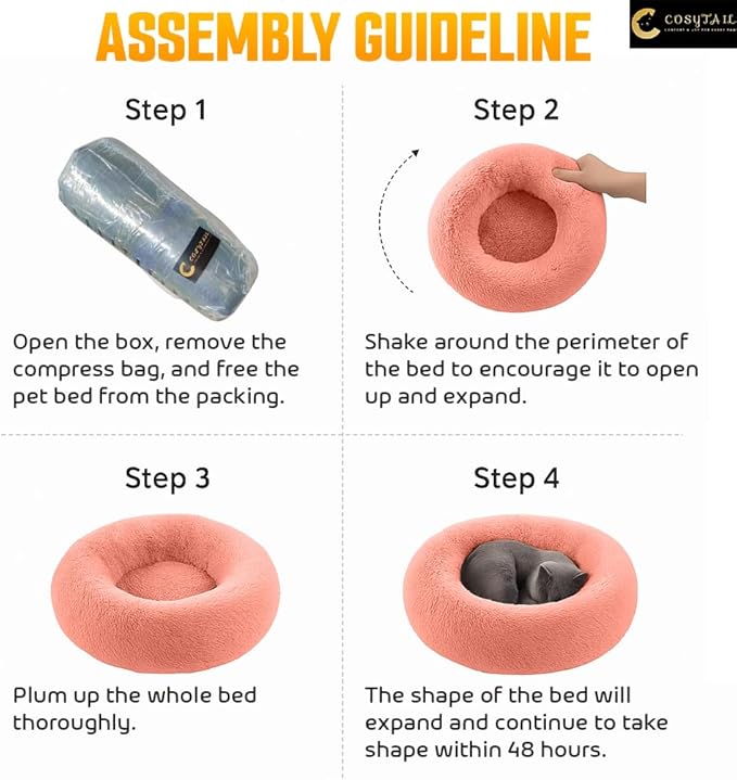 Anti-Anxiety Donut Pet Bed, Round Plush Faux Fur, Washable, Small to Medium Dogs and Cats (Pink, Large)