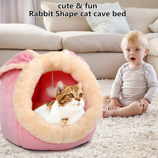 Lcybem Cat Beds for Indoor Cats - Rabbit-Shaped Cat Cave Bed with Hanging Toy,Super Soft Calming cat Tent for Kitten&Puppy,Small Dog,Warm Plush&Machine Washable&Removable Cotton Pad (Pink L)