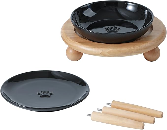Raised Ceramic Wide Whisker Friendly Cat Dishes, Food&Water Bowl with 2 Style Stand Adjustable Pet Bowl Set(1Dish+1Shallow Dish+Stand, Black