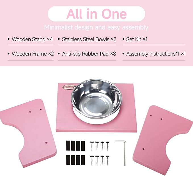 Elevated Cat Bowls,2 Stainless Steel Pet Food Water Feeder,15°Tilted Raised Pet Dish, Slanted Dog Bowl with Wood Stand for Kitty and Puppy,Wide 5.51" (Pink)