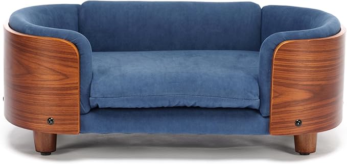 HomSof 26.38" Scandinavian Style Elevated Dog Cat Bed Pet Sofa with Solid Wood Legs and Bent Wood Back with Velvet Cushion,Small Size，Navy+Brown