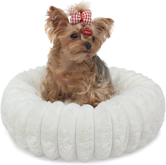 Tiny Dog Bed for Small Dogs and Cats – 16 Inch Donut Washable Soft Comfort Indoor Extra Small Pet Bed,Calming Anti-Anxiety Non-Slip Fluffy Plush Faux Fur Round Puppy Beds Fits Up to 5 lbs Pets,Cream