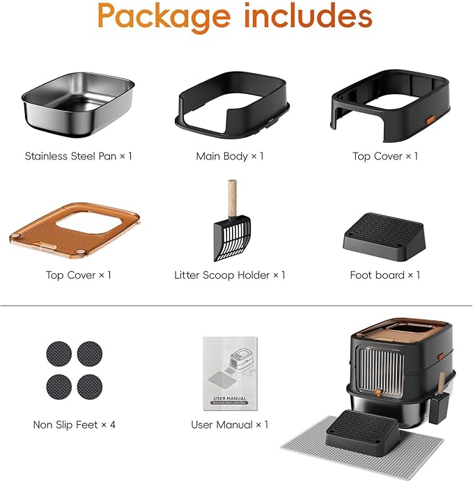 Stainless Steel Litter Box with Lid, Top Entry Cat Litters Box, Extra Large Metal Litterboxs with High Sides, 90° Flip-Top Double Doors & Raised Fence, Includes Pedal, Mat & Scoop Set