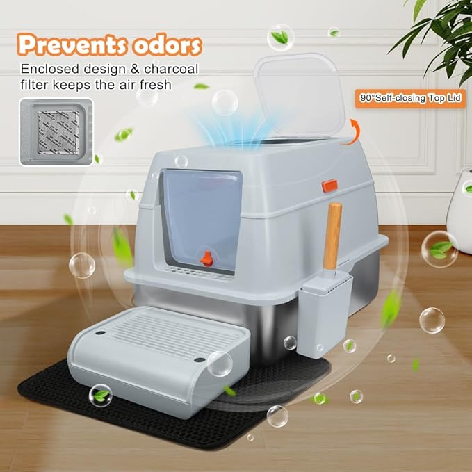 Vivifying Stainless Steel Litter Box with Lid, XL Front Entry Enclosed Extra Large Litter Box for Big Cats & Kitty, Top Exit Metal Cat Pan with Scoop, Mat, Trapping Step, Charcoal Filter (Gray)